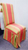 A PAIR OF SINGLE CHAIRS, with rectangular high backs, the backs, seats and fabric skirts in pink and