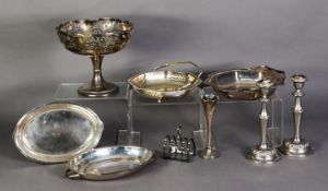 SMALL MIXED LOT OF ELECTROPLATE, comprising: PEDESTAL FRUIT BOWL, with pierced border, 8” (20.3cm)