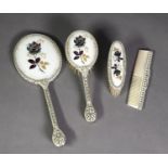 LADY'S WHITE ENAMELLED FILIGREE METAL DRESSING TABLE SET of 4 pieces, with brown and gilt painted