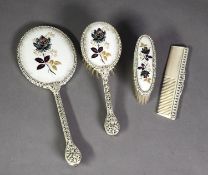 LADY'S WHITE ENAMELLED FILIGREE METAL DRESSING TABLE SET of 4 pieces, with brown and gilt painted