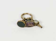 TWO 19th CENTURY SMALL GOLD COLOURED METAL FOB SEALS, one set with an oblong amethyst and one with