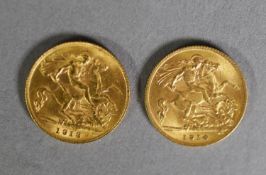 TWO GEORGE V GOLD HALF SOVEREIGNS 1913 and 1914 (both EF) (2)