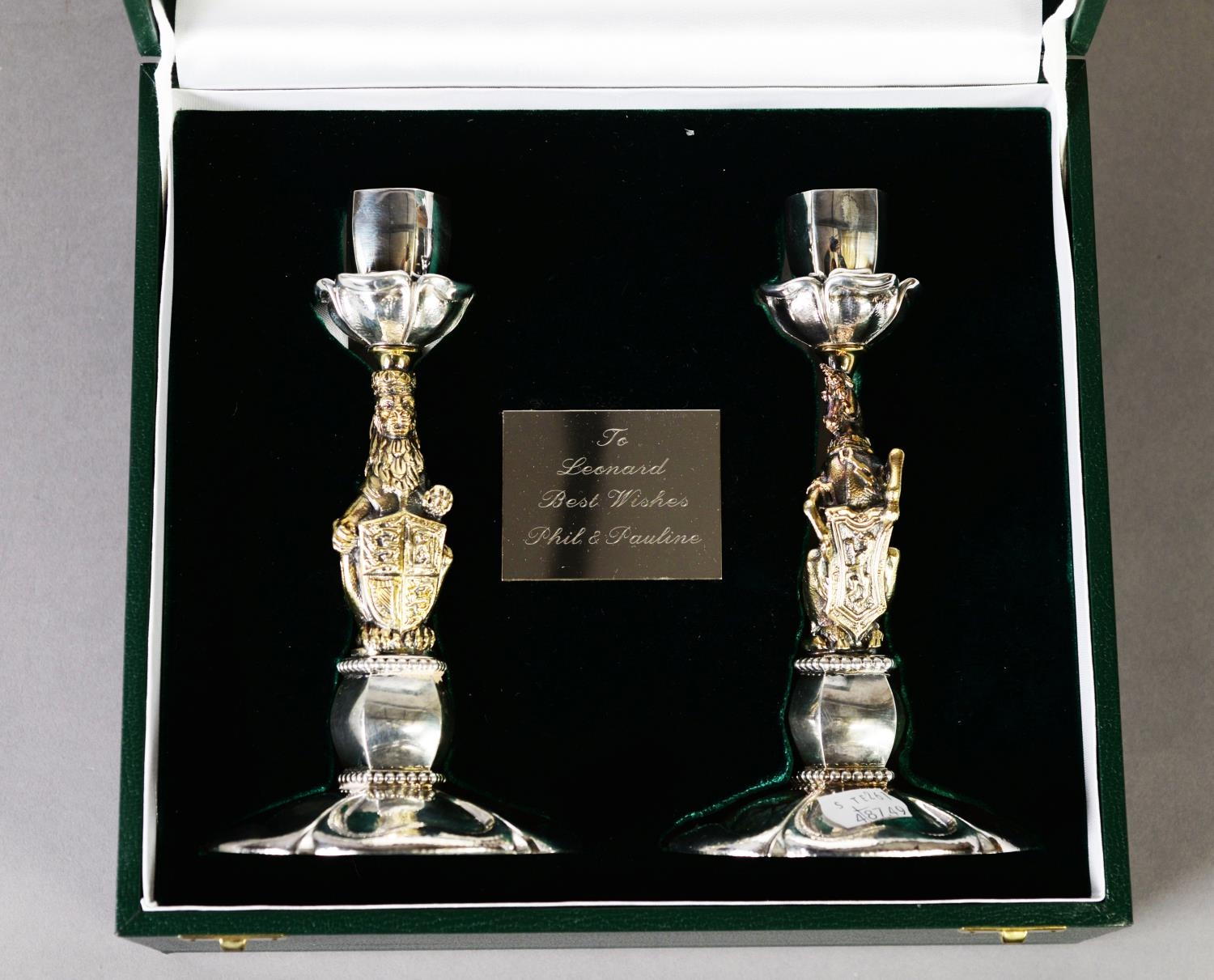 CASED PAIR OF LIMITED EDITION WEIGHTED SILVER AND GILT ‘QUEEN’S BEASTS CANDLESTICKS’ BY RICHARD - Image 3 of 3