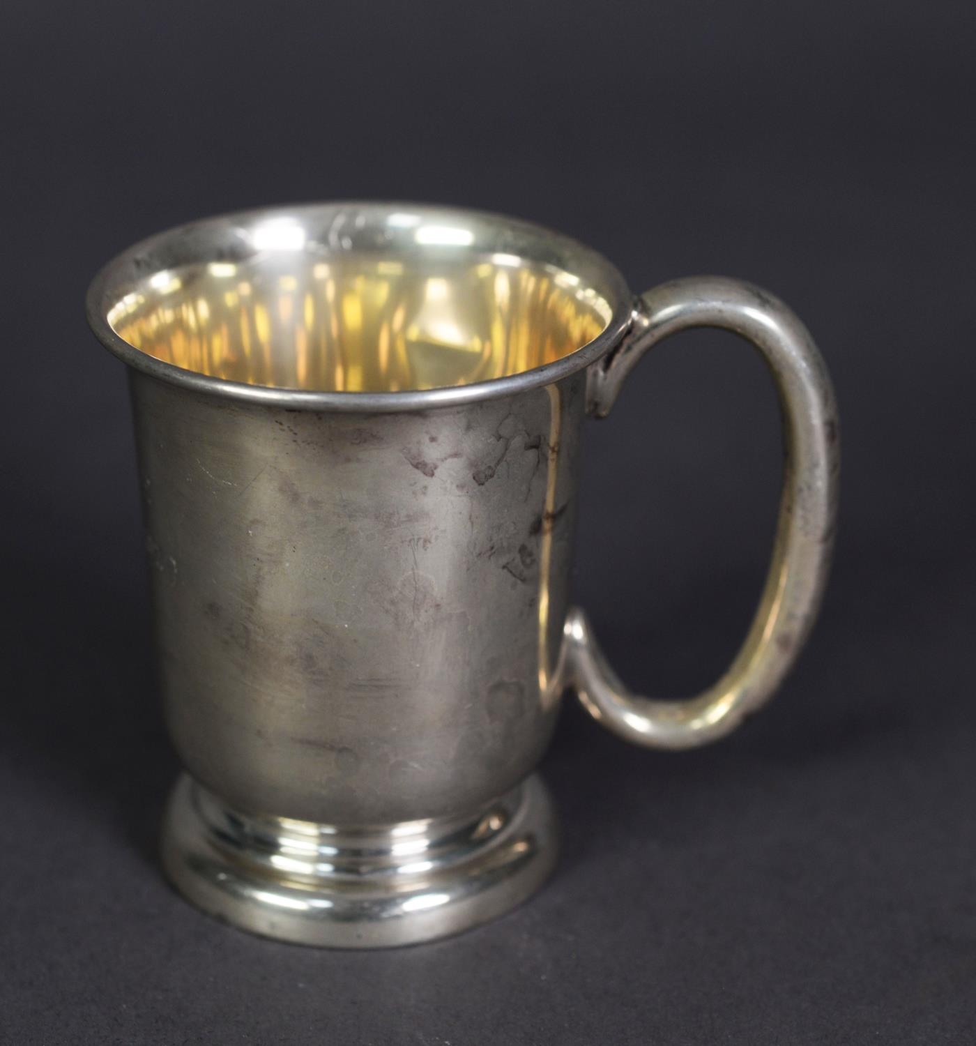 GEORGE VI SILVER CHRISTENING MUG BY EDWARD VINER, of footed cylindrical form with loop handle, - Image 2 of 2