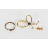 PAIR OF 9ct GOLD AND SINGLE PEARL STUD EARRINGs; gold plated two-strand knot pattern RING and a gold