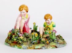 T. BAILEY FOR CROWN STAFFORDSHIRE, PORCELAIN GROUP MODELLED AS TWO YOUNG GIRLS PICKING FLOWERS,