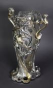 A SILVER CASED RESIN ART NOUVEAU STYLE TWO HANDLED OPENWORK VASE, ‘Recuerdo’, with glass liner, a