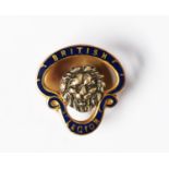 9ct GOLD AND BLUE ENAMELLED AND A LION’S HEAD BRITISH LEGION LAPEL BADGE, 4.8gms