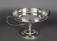 GEORGE V SILVER TWO HANDLED PEDESTAL FRUIT STAND, with pierced border, on a circular base, by