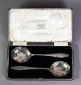 GEORGE V CASED PAIR OF ART DECO SILVER SERVING SPOONS BY COOPER BROTHERS & SONS, each with