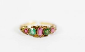 VICTORIAN 9ct GOLD RING set with three red and two green stones, Birmingham 1861, 1gm, ring size