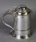 GEORGE II SILVER LIDDED TANKARD BY THOMAS TEARLE, of tapering form with moulded girdle and foot,