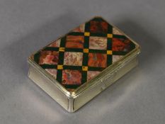 VICTORIAN AGATE SET SCOTTISH ENGINE TURNED SILVER PRESENTATION SNUFF BOX, of waisted oblong form