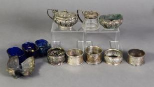 THREE PIECE EMBOSSED SILVER CONDIMENT SET, with blue glass liners, a/f, Birmingham 1897, together
