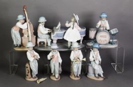 LLADRO, SPANISH PORCELAIN SEVEN PIECE ‘JAZZ BAND’, comprising: GRAND PIANO PLAYER WITH FEMALE