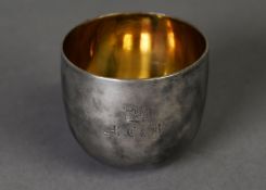 GEORGE III SILVER TUMBLER, U shaped with gilt interior and engraved with the initials M C & B