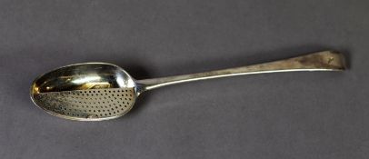 GEORGE III SILVER BASTING SPOON, of early English pattern with half hinged and pierced strainer to