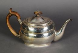 GEORGIAN STYLE SILVER TEAPOT by C J VANDER Ltd, of oval bellied form with brown scroll handle and