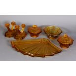 AMBER GLASS ART DECO DRESSSING TABLE SET of 6 pieces, including a fan shaped tray and a pair of