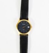 GENT'S BULOVA SWISS QUARTZ WRISTWATCH with gold plated circular case and black dial with batons,