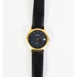 GENT'S BULOVA SWISS QUARTZ WRISTWATCH with gold plated circular case and black dial with batons,