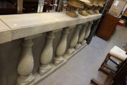 A PAIR OF STONE EFFECT MDF SHORT SECTION BALUSTRADES, 45 ¼” X 39 ½” H (115 cm x 100.5 cm H)