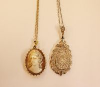 MODERN GOLD COLOUR METAL MOUNTED CAMEO PENDANT on 9k stamped fine chain, and a .925 stamped FILIGREE