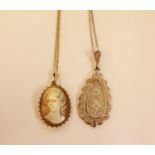 MODERN GOLD COLOUR METAL MOUNTED CAMEO PENDANT on 9k stamped fine chain, and a .925 stamped FILIGREE