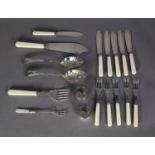 INCOMPLETE SET OF PLATED BONE HANDLED FISH KNIVES and FORKS with a PAIR of FISH SERVERS, a MOTHER-