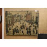 AFTER L S LOWRY COLOUR PRINT ON MANUFACTURED BOARD ‘A Village Square’ 17 ¾” x 23 ¾” (45cm x 60.4cm)