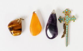 BUTTERSCOTCH AMBER TEAR SHAPED PENDANT; a tiger's eye pebble PENDANT; an amethyst tear shaped