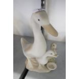 MIGUEL, SPANISH BISQUE PORCELAIN GROUP OF A WHITE DUCK WITH TWO DUCKLINGS BY A BOWL