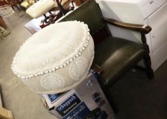 STAINED BEECH PURITAN STYLE ARMCHAIR AND CREAM POUFFE [2]