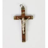 OLD WOODEN CRUCIFIX PENDANT with silver coloured metal mounts and figure of Christ, ring hanger, 3