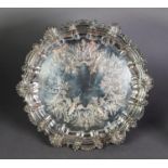 MODERN CHIPPENDALE STYLE SILVER PLATED ON COPPER SALVER, with shell capped, moulded border,