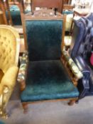 VICTORIAN OAK GENTLEMAN'S FIRESIDE ARMCHAIR, ON TURNED LEGS TO PORCELAIN CUP CASTORS