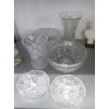 A CUT GLASS TRUMPET VASE, A PAIR OF FINELY CUT SHALLOW CIRCULAR DISHES, WITH SERRATED WAVY EDGES,