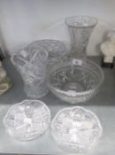 A CUT GLASS TRUMPET VASE, A PAIR OF FINELY CUT SHALLOW CIRCULAR DISHES, WITH SERRATED WAVY EDGES,