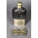 LEATHER CLAD HIP FLASK WITH PULL-OFF ELECTROPLATED CUP TO THE BASE, 5 ½” (14cm) high, together