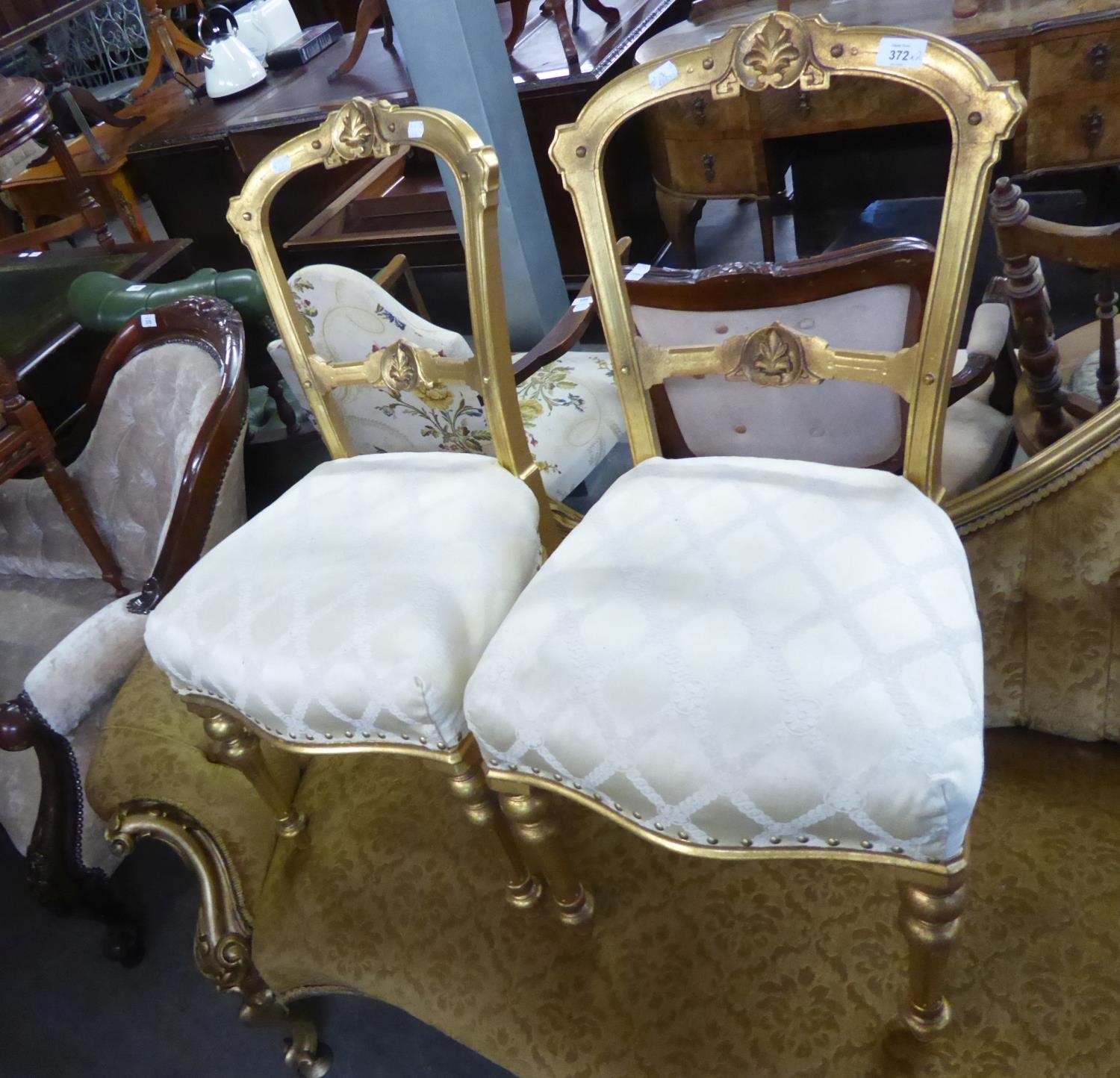 PAIR OF LATE VICTORIAN GOLD COLOURED DINING CHAIRS, WITH STUFF-OVER SEATS (2)