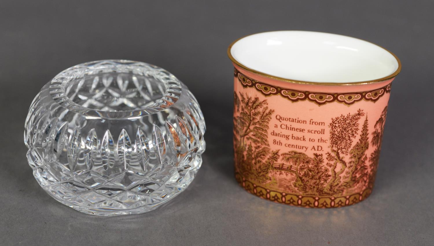 HALCYON DAYS CHINA OVAL CIGARETTE RECEIVER and a probably Bing & Grondhal CUT GLASS GLOBULAR BOWL, 3