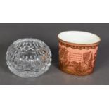 HALCYON DAYS CHINA OVAL CIGARETTE RECEIVER and a probably Bing & Grondhal CUT GLASS GLOBULAR BOWL, 3