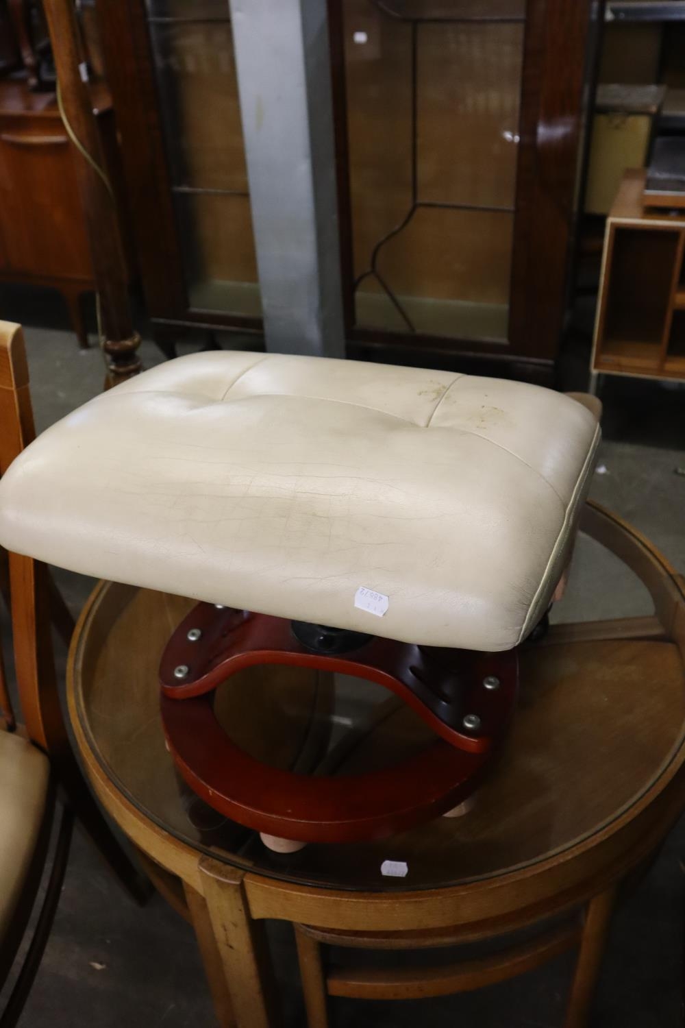 RELAXATEEZ MODERN FOOTSTOOL WITH CREAM LEATHER TOP AND A RUSSKELL FOOTSTOOL BUTTON UPHOLSTERED ON