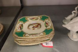 A SET OF SIX MYOTTS SIDE PLATES, DECORATED IN WORCESTER STYLE, 3 SMALL LLADRO MODELS OF SWANS (A.F.)