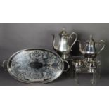 FOUR PIECE ELECTROPLATED TEA AND COFFEE SET, of pyriform with leaf capped scroll handles and