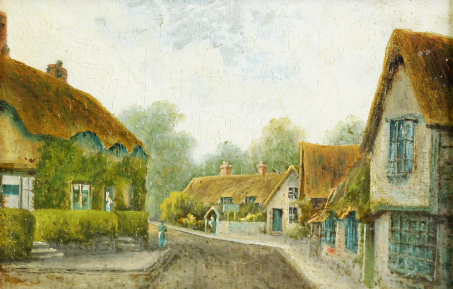 UNATTRIBUTED (EARLY TWENTIETH CENTURY) OIL ON CARD Village street scene with thatched cottages and - Image 4 of 4