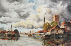 LOUIS VAN STAATEN (1859-1924) WATERCOLOUR DRAWING Dutch canal scene with moored boats and
