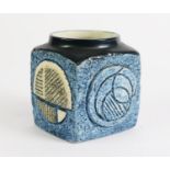 TROIKA MOULDED POTTERY CUBE VASE BY LOUISE JINKS, moulded with abstract and geometric pattern, on