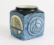 TROIKA MOULDED POTTERY CUBE VASE BY LOUISE JINKS, moulded with abstract and geometric pattern, on