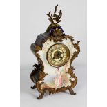 19TH CENTURY FRENCH PORCELAIN ROCOCO MANTEL CLOCK, the Arabic numeral dial set with marcasite and